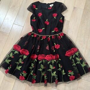 David Charles embroidered red roses jewels embellished belt bow back dress